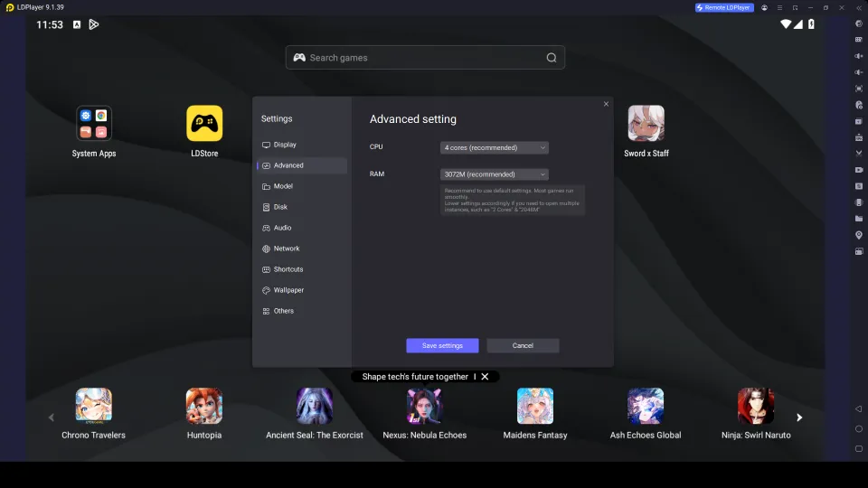 Increase the CPU and RAM allocation in LDPlayer Settings if your PC
